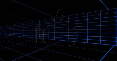 Floating wireframe thumbs-up hovering within neon blue grid corridor, with Stock Illustration