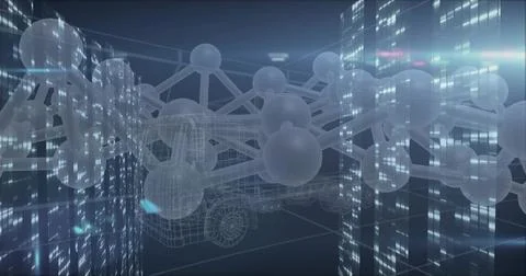 Floating wireframe truck merging into translucent molecular network in virtual Stock Illustration