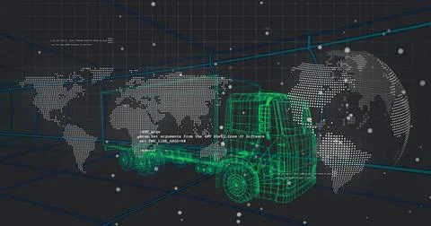 Floating wireframe truck model in 3D grid interface, with map overlays, code Stock Photos