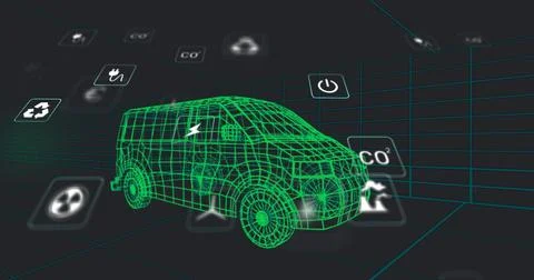 Floating wireframe van model hovering in neon grid simulation space, with Stock Photos