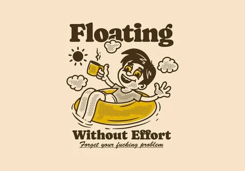 Floating without effort, a child relaxes on a lifebuoy with his hand holdin.. Stock Illustration