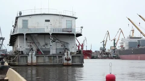 Floating workshop in ship port Stock Footage 10883004