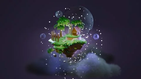 Floating world with a house, trees and a tall tower, with clouds on the back Ilustración de archivo