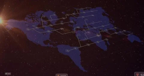 Floating world map graphic connecting circular nodes in starfield, with lens 스톡 사진