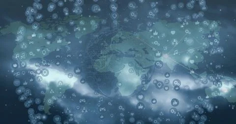 Floating world map over dark blue backdrop, digital icons, network lines, clo Stock Photos