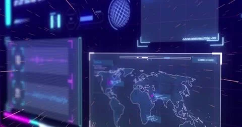 Floating world map panel displaying wireframe globe and SCANNING DATABASE text Stock Photos