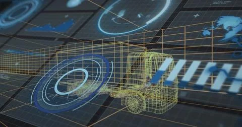 Floating yellow wireframe forklift hovering in digital grid, with HUD data Stock Photos