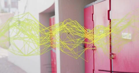 Floating yellow wireframe mesh hovering across school corridor with red lockers Stock Photos
