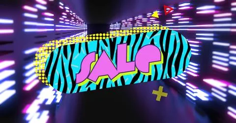 Floating zebra-patterned sale sign hovering in neon tunnel, with neon lights, Stock Illustration