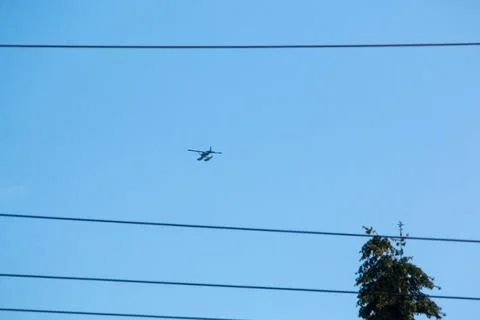A floatplane flying on a clear day with power lines Stock Photos