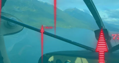 Floatplane view banking left with pilot increasing throttle, red arrows rising Stock Footage 315715787