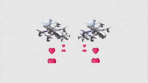 A flock of 8-bit pigeons on quadcopters drop pixel hearts, pacifism concept. Stock Footage 240038757