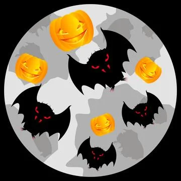 A flock of bats and pumpkins on the background of the moon. Halloween theme. Stock Illustration
