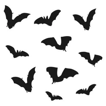 Flock of bats. Black shadows of bats on a white background. Stock Illustration