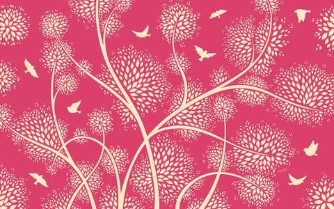 Flock bird tree branches silhouette pattern abstract fly dove vintage wallpaper Stock Illustration