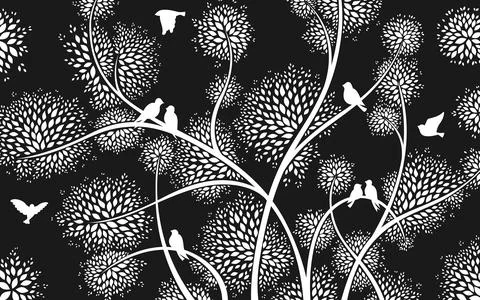 Flock bird tree branches silhouette pattern abstract flying dove shape wallpaper Stock Illustration