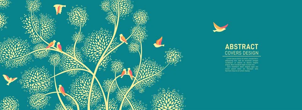 Flock bird tree branches trendy design background exotic pattern backdrop Stock Illustration