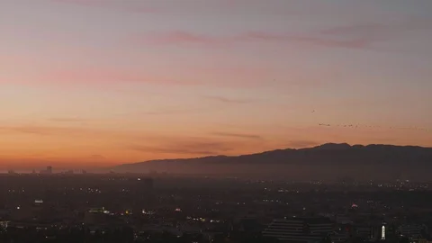 Flock of Birds Fly Into Sunset Over Los Angeles Stock Footage 101396693