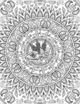 Flock Of Birds Pattern Drawing Flying Around Beautiful Flowers And Vines Stock Illustration