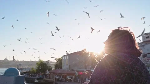 A flock of birds whirls around the port. A young beautiful girl stands on a b Stock Footage