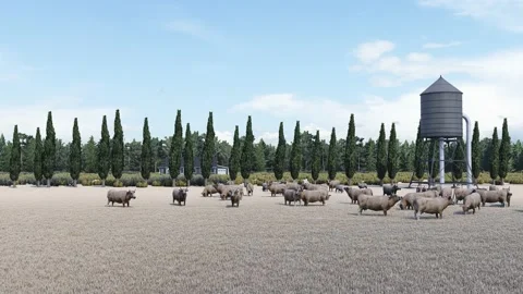 Flock of cows eating grass in the field in front of and farmer house tank tower Stock Footage 223610814