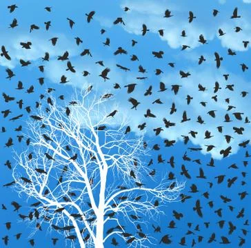 Flock of crows over white tree Illustrazione stock