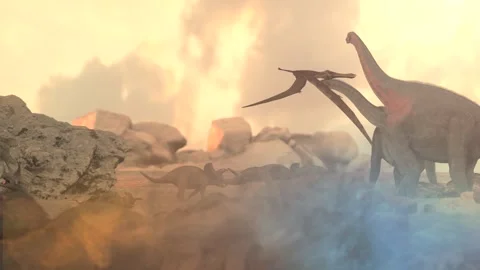 A flock of dinosaurs is walking through the desert 3d render Stockbeeldmateriaal 278696926