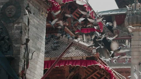 A flock of doves soars majestically over an ancient monumental Nepalese temple 動画素材 167293609