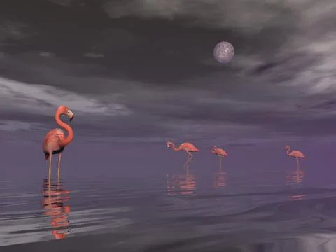 Flock of flamingos by night - 3D render Stock Illustration