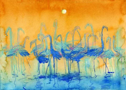 A flock of flamingos at sunset. 스톡 일러스트