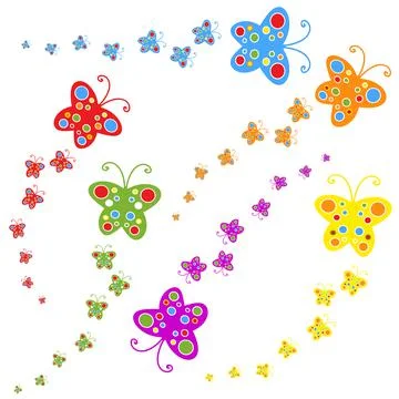 A flock of flat colored isolated butterflies flying one after another. Six co Stock Illustration