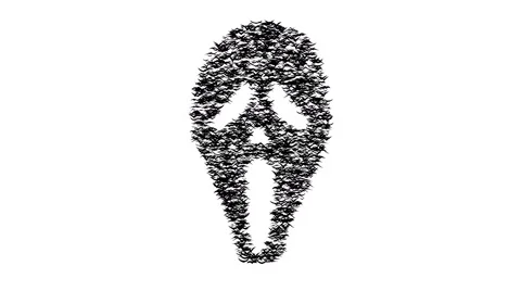 Flock of flying birds forms ghost face. Scream mask Stock Footage 68537646