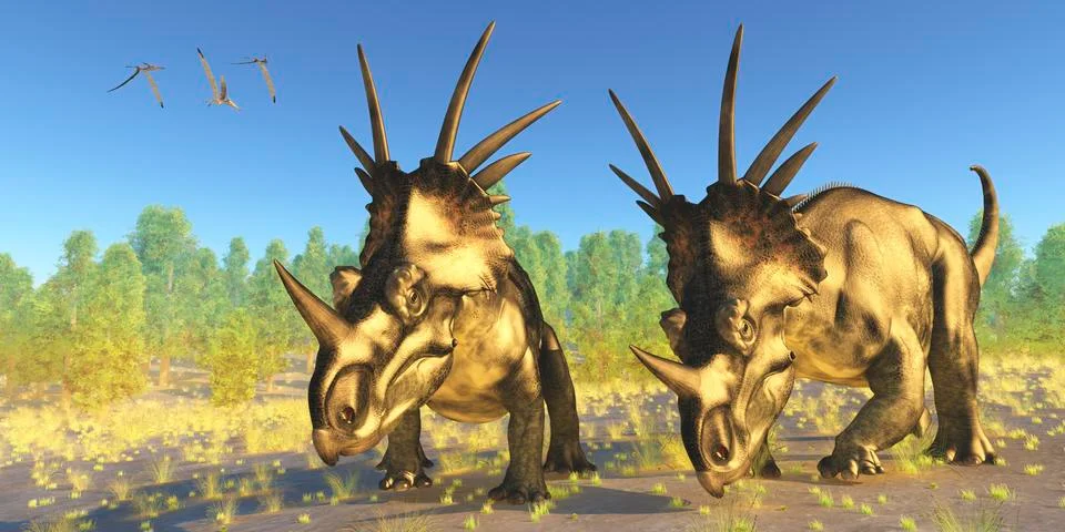 A flock of Pterodactylus fly above two Styracosaurus dinosaurs. Stock Illustration