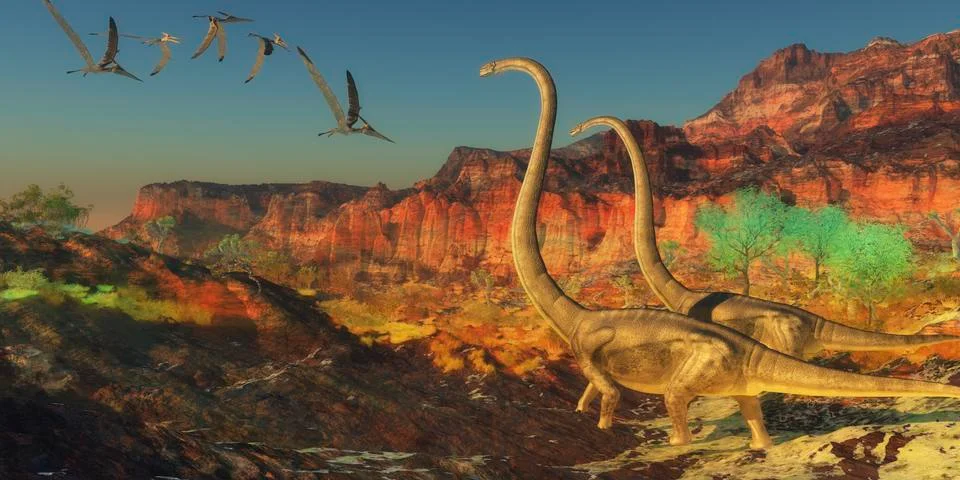 A flock of pterosaurs fly past two Omeisaurus dinosaurs. Stock Illustration