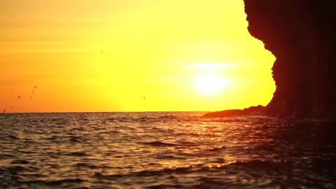 A flock of seagulls fly and fish in the sea. Warm sunset sky over the ocean, sun Stock Footage 166207875