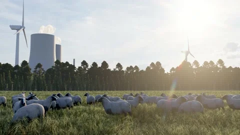 Flock of sheep eating grass in front of nuclear plants and wind turbine Stock Footage 223610790