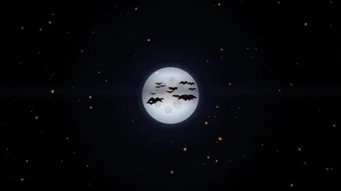 Flock of silhouette bats flying across a full moon night sky video Stock Footage 345242708