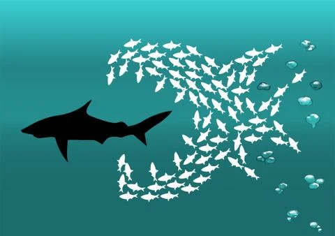 Flock of small fish and shark Stock Illustration
