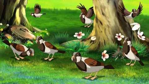 Flock of Sparrows ..Feeding in the Forest Stock Illustration