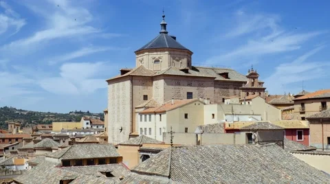 Flock of swallows flying around clay tile roofs of medieval town Stock Footage 66531935