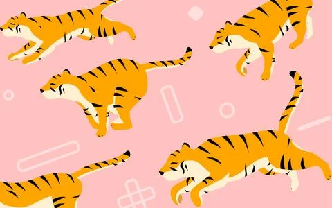 A flock of tigers running through, out of sight, pop symbols and a pink Stock Illustration