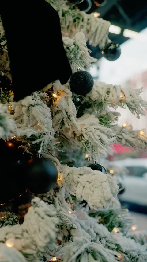 Flocked Christmas Tree Black Matte Ornaments String Lights Stock Footage 332616731