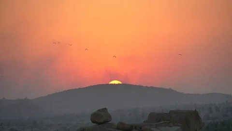 Flocks of birds slowly fly against the background of sunset or dawn Stock Footage 121000874