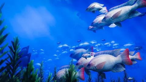 Flocks of fish swim in groups, the underwater circle is shining down. Lots .. Stock Illustration