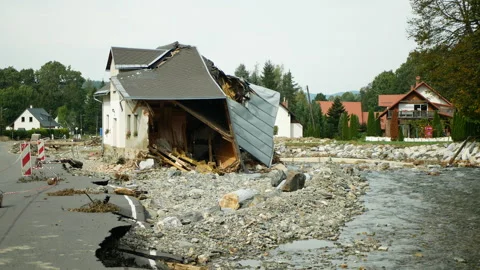 Flood after house destroyed river swept Bela Jesenik flooded damaged Stock Footage 285590131