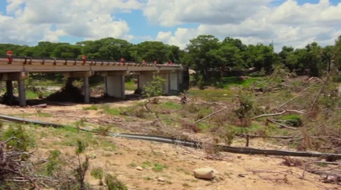Flood Aftermath Wimberly Bridge Pan Stock Footage 51556835
