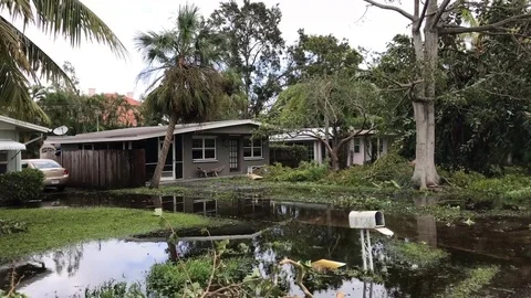 Flood and devastation from hurricane Irma at neighborhood in Florida Stock Footage 81643248