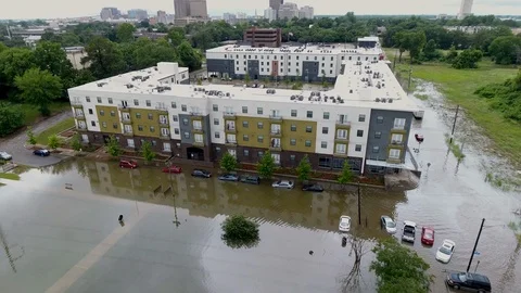Flood at apartment complex drone insurance Video stock 111085018