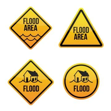 Flood area alert. Warning signs labels with flooding house. Yellow aIsolated Stock Illustration