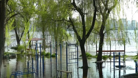 Flood on bank river in spring time. Water filled play and sport grounds in city. 스톡 동영상 239371318